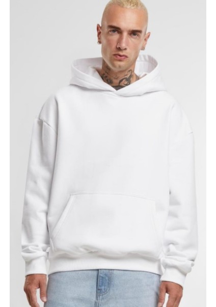 Beyaz Kanguru Model Oversize Kalıp Erkek Sweatshirt modelleri