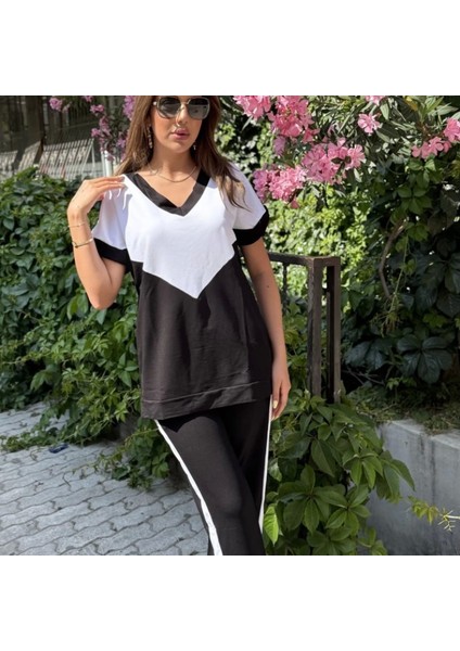 Kadın Kısa Kollu V Yaka Siyah Beyaz Renkli Viskon Iki Iplik Kumaş Eşofman Takımı