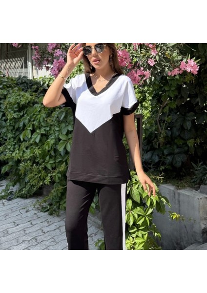 Kadın Kısa Kollu V Yaka Siyah Beyaz Renkli Viskon Iki Iplik Kumaş Eşofman Takımı fiyatları