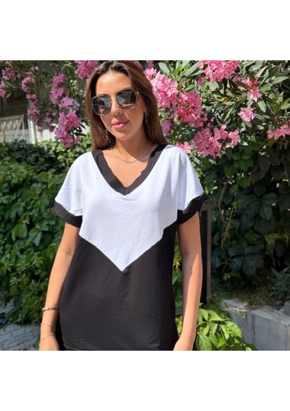 Kadın Kısa Kollu V Yaka Siyah Beyaz Renkli Viskon Iki Iplik Kumaş Eşofman Takımı modelleri