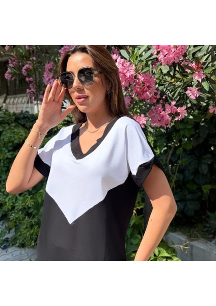 Kadın Kısa Kollu V Yaka Siyah Beyaz Renkli Viskon Iki Iplik Kumaş Eşofman Takımı fırsatları