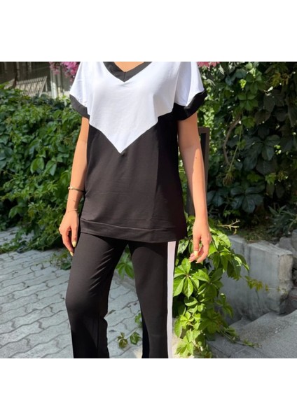 Kadın Kısa Kollu V Yaka Siyah Beyaz Renkli Viskon Iki Iplik Kumaş Eşofman Takımı indirimleri