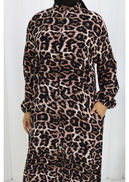 Boydan Düğmeli Leopar Desen Elbise fırsatları