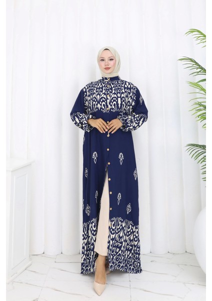 Boydan Düğmeli Etnik Desen Elbise Lacivert