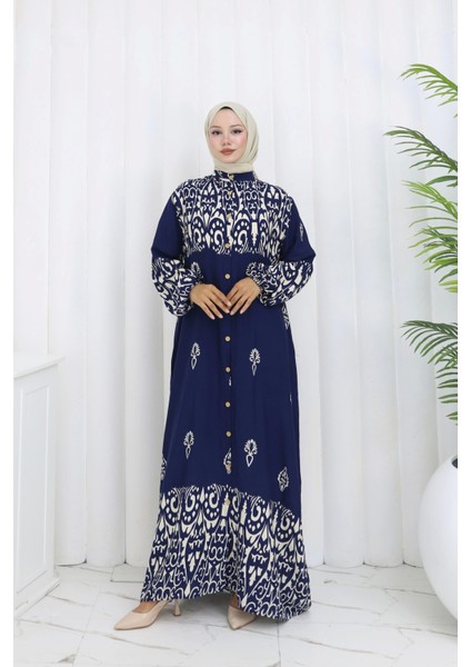 Boydan Düğmeli Etnik Desen Elbise Lacivert fiyatları