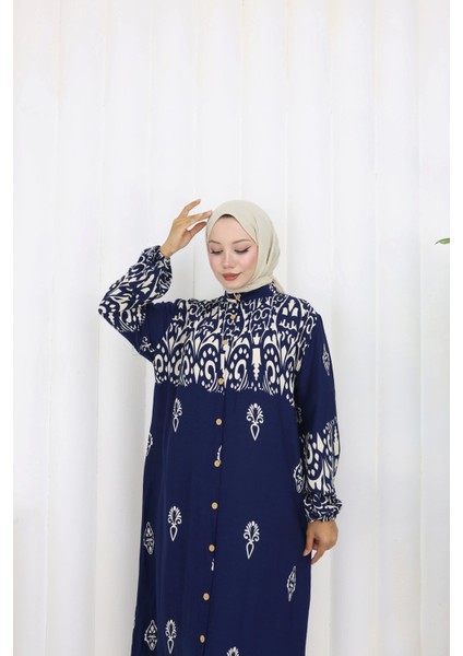 Boydan Düğmeli Etnik Desen Elbise Lacivert modelleri