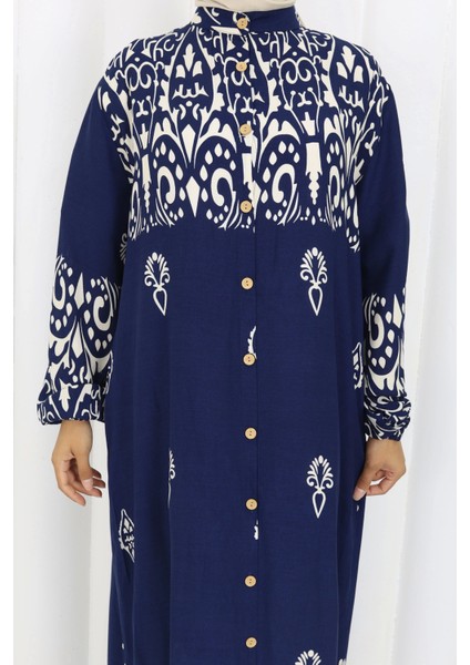 Boydan Düğmeli Etnik Desen Elbise Lacivert fırsatları