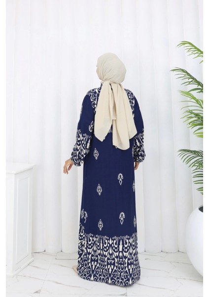 Boydan Düğmeli Etnik Desen Elbise Lacivert indirimleri