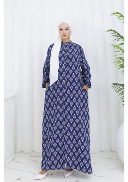 Boydan Düğmeli Yaprak Desen Elbise Lacivert modelleri