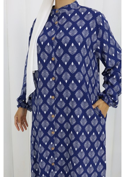 Boydan Düğmeli Yaprak Desen Elbise Lacivert fırsatları