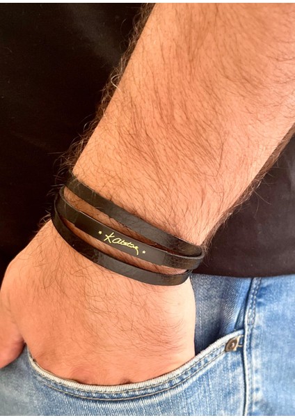 Kemal Atatürk Yazılı %100 Deri 3lü Erkek Bileklik Set 21 cm (Türk El Üretimi)