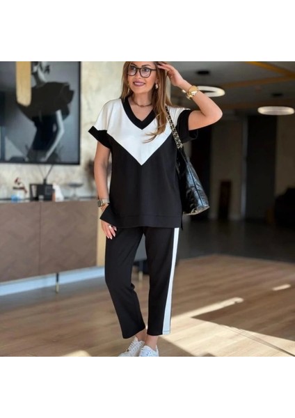 Kadın Kısa Kollu V Yaka Siyah Beyaz Renkli Viskon Iki Iplik Kumaş Eşofman Takımı