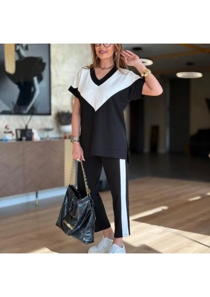 Kadın Kısa Kollu V Yaka Siyah Beyaz Renkli Viskon Iki Iplik Kumaş Eşofman Takımı modelleri
