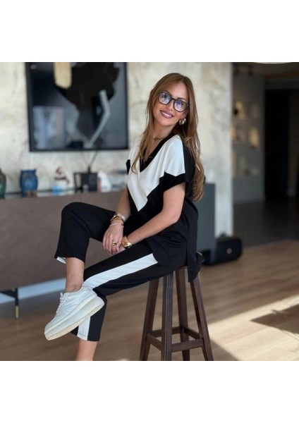 Kadın Kısa Kollu V Yaka Siyah Beyaz Renkli Viskon Iki Iplik Kumaş Eşofman Takımı fırsatları