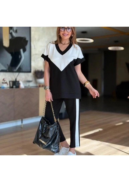 Kadın Kısa Kollu V Yaka Siyah Beyaz Renkli Viskon Iki Iplik Kumaş Eşofman Takımı indirimleri