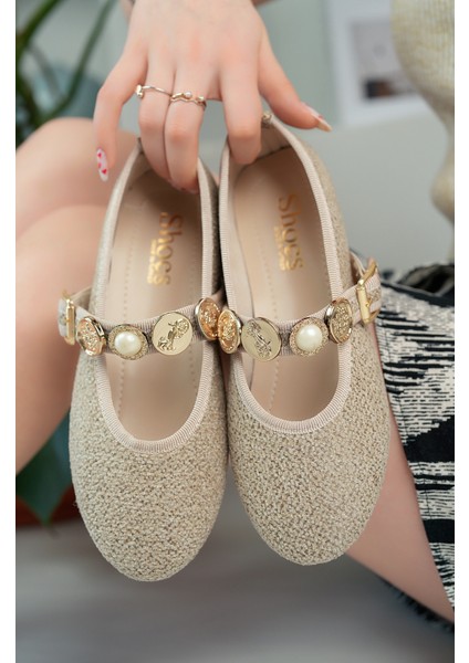 Kadın Bej Günlük Babet Tokalı Ayarlanabilir Hafif Rahat Ayakkabı