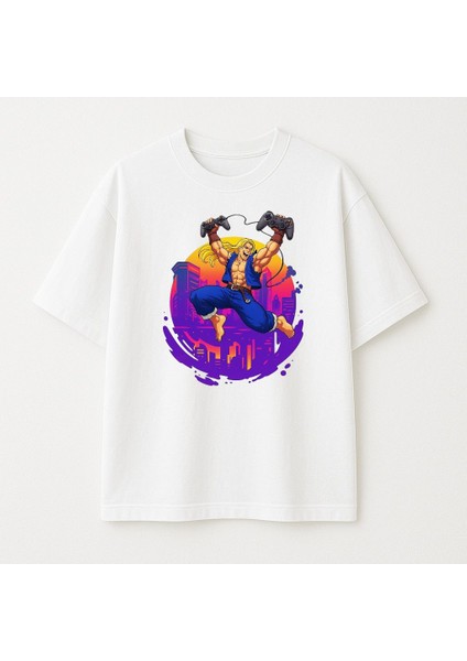 Gamer Sokak Dövüşçüsü Baskılı Unisex Bisiklet Yaka Pamuk Oversize T-Shirt