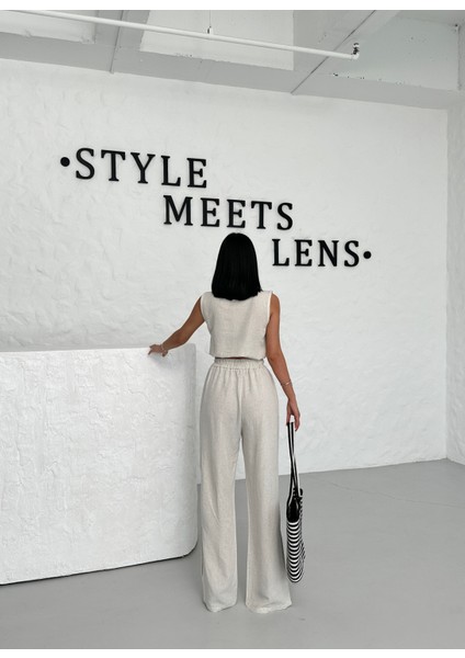 Kadın Özel Keten Takım Bluz ve Pantolon Bol Kesim modelleri