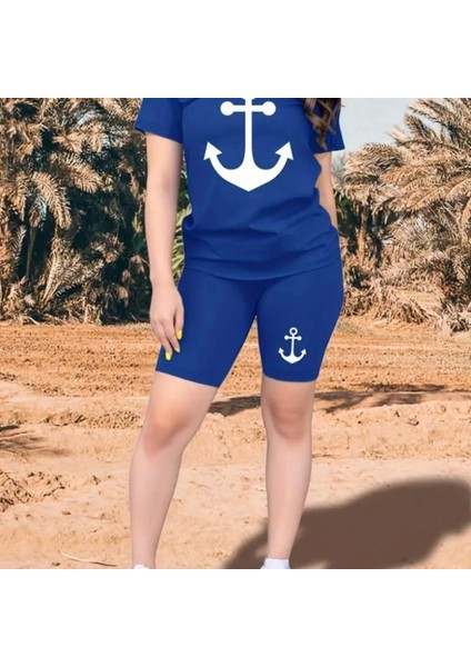 Kadın Kısa Kollu Çapa Baskılı Viskon Ikili Takım