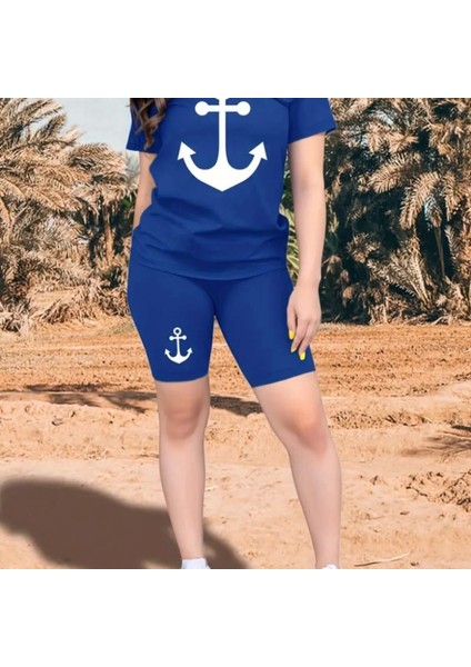 Kadın Kısa Kollu Çapa Baskılı Viskon Ikili Takım modelleri