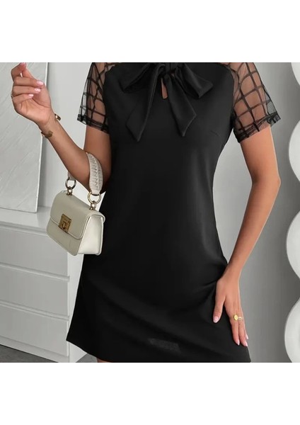 Kadın Kısa Kollu Boyundan Bağlamalı Omuzlarda Tül Detaylı Janjan Krep Elbise