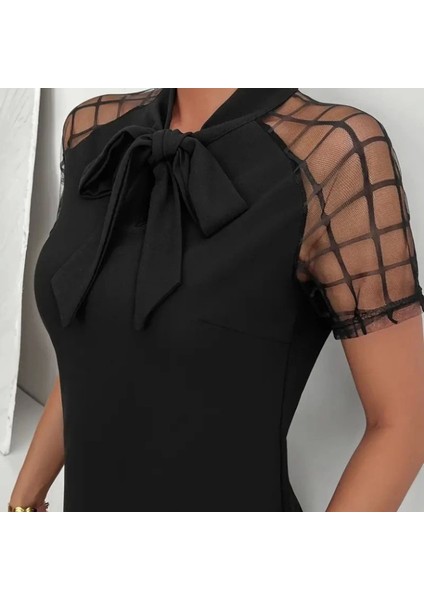 Kadın Kısa Kollu Boyundan Bağlamalı Omuzlarda Tül Detaylı Janjan Krep Elbise fiyatları