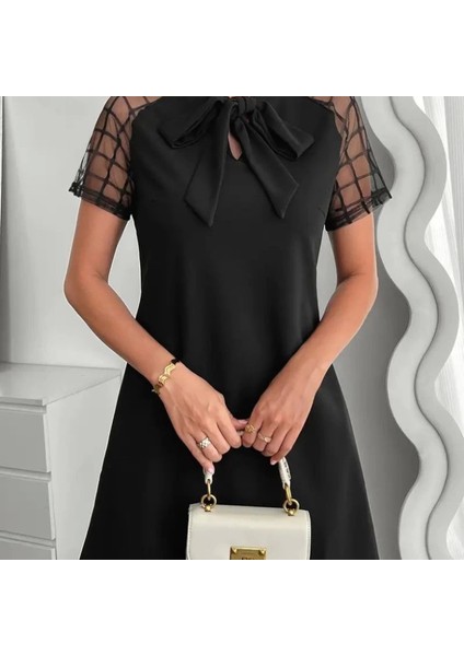 Kadın Kısa Kollu Boyundan Bağlamalı Omuzlarda Tül Detaylı Janjan Krep Elbise modelleri