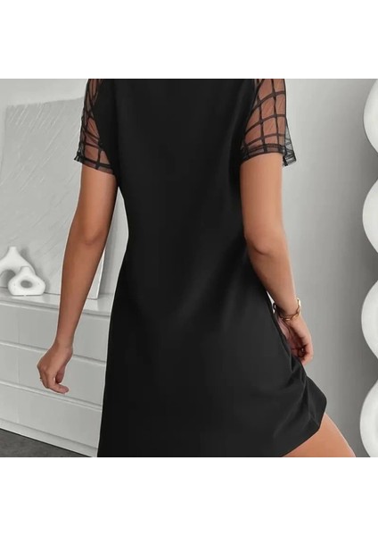 Kadın Kısa Kollu Boyundan Bağlamalı Omuzlarda Tül Detaylı Janjan Krep Elbise indirimleri