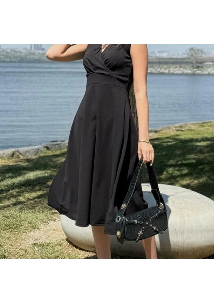 Kadın Ithal Krep Kumaş Kruvaze Yaka Eteği Kloş Kolsuz Mini Elbise indirimleri