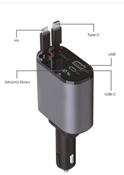 100W Süper Hızlı Araç Şarj Cihazı – Çift Type-C & Lightning Kablo, Dijital Göstergeli, 80CM Kablo fiyatları