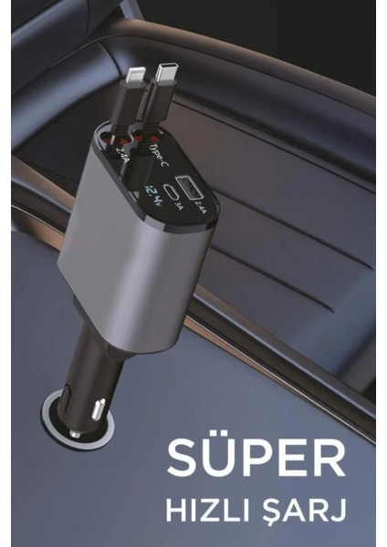 100W Süper Hızlı Araç Şarj Cihazı – Çift Type-C & Lightning Kablo, Dijital Göstergeli, 80CM Kablo modelleri