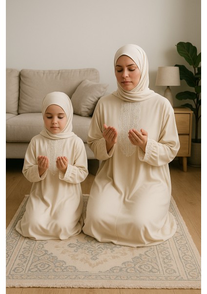 Anne Kız Şık Dantelli Namaz Elbisesi Takımı