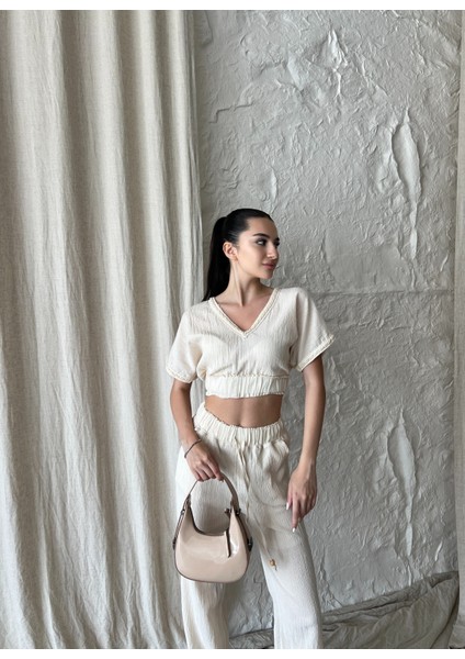 Kadın Keten Kısa Kollu V Yaka Bluz ve Pantolon Bol Kesim