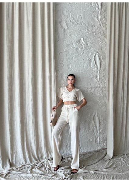 Kadın Keten Kısa Kollu V Yaka Bluz ve Pantolon Bol Kesim fiyatları