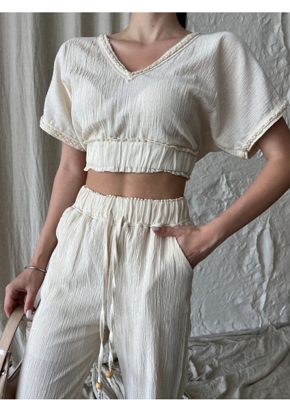 Kadın Keten Kısa Kollu V Yaka Bluz ve Pantolon Bol Kesim modelleri