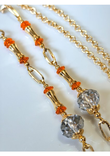 Gözlük Zinciri Altın kaplama Zincirli Gerçek Kristal Taşlı Gözlük Zinciri