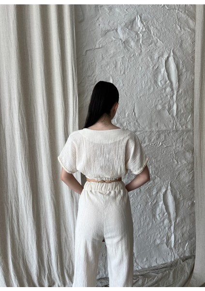 Kadın Keten Kısa Kollu V Yaka Bluz ve Pantolon Bol Kesim indirimleri