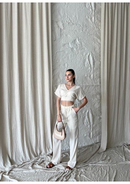 Kadın Keten Kısa Kollu V Yaka Bluz ve Pantolon Bol Kesim