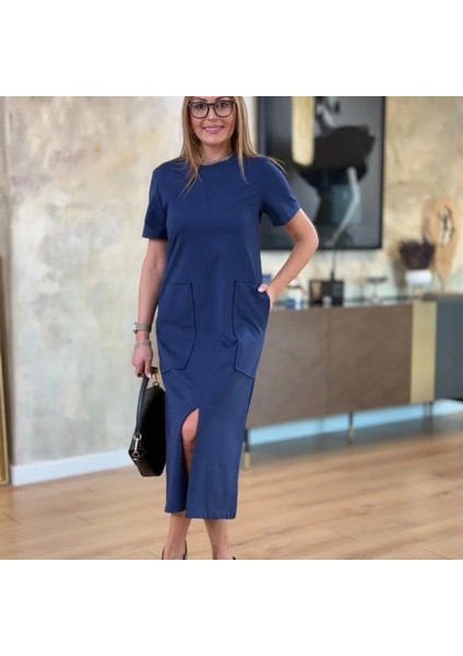 Kadın Kısa Kollu Bisiklet Yakalı Cepli Önden Yırtmaçlı Viskon Iki Iplik Midi Elbise