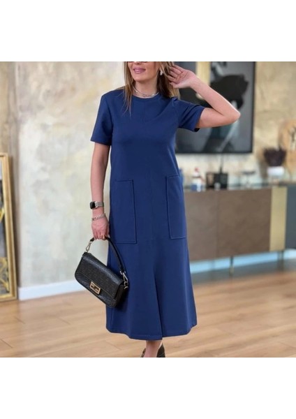 Kadın Kısa Kollu Bisiklet Yakalı Cepli Önden Yırtmaçlı Viskon Iki Iplik Midi Elbise fiyatları