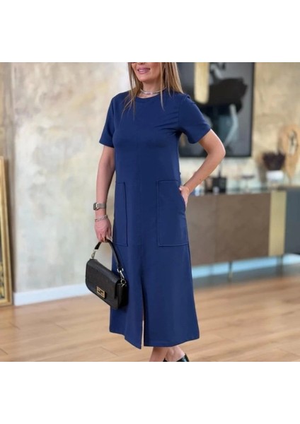 Kadın Kısa Kollu Bisiklet Yakalı Cepli Önden Yırtmaçlı Viskon Iki Iplik Midi Elbise modelleri