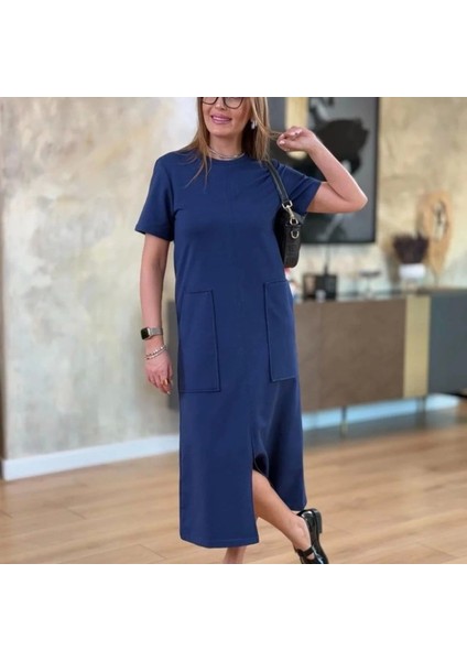 Kadın Kısa Kollu Bisiklet Yakalı Cepli Önden Yırtmaçlı Viskon Iki Iplik Midi Elbise fırsatları