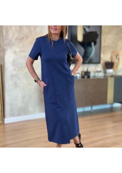 Kadın Kısa Kollu Bisiklet Yakalı Cepli Önden Yırtmaçlı Viskon Iki Iplik Midi Elbise indirimleri