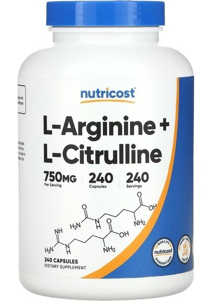L-Arginine+L-Citrulline, Unflavored, 750 Mg 240 Kapsül