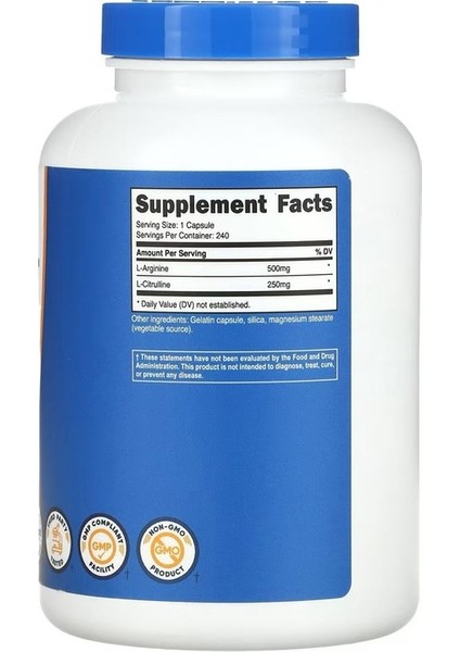 L-Arginine+L-Citrulline, Unflavored, 750 Mg 240 Kapsül fiyatları