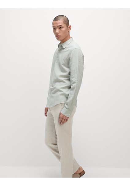 Pamuk Keten Karışımlı Kazayağı Desenli Gömlek