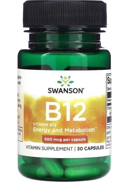 , Vitamin B12 Cyanocobalamin, 500 Mcg, 30 Kapsül