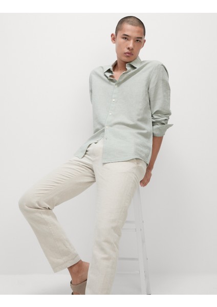 Pamuk Keten Karışımlı Kazayağı Desenli Gömlek indirimleri