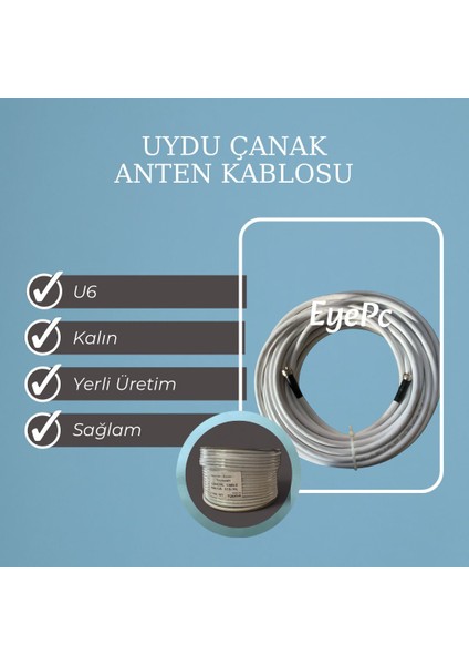 F Konnektörlü 10 Metre Rg6/u6 Coaxial Hazır Uydu Anten Kablosu Kalın Sağlam Yerli