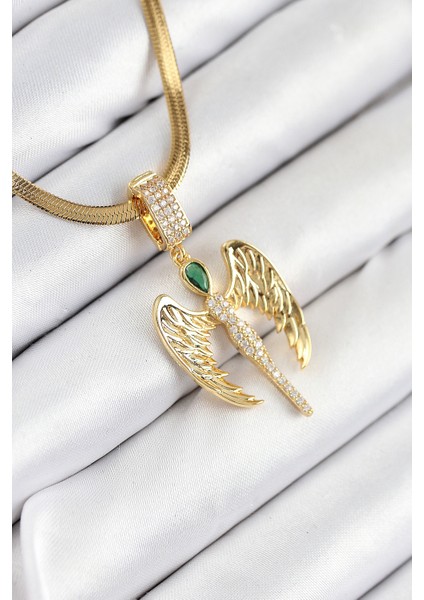 316L Çelik Zirkon Taşlı Melek Model Gold Renk Kadın Kolye